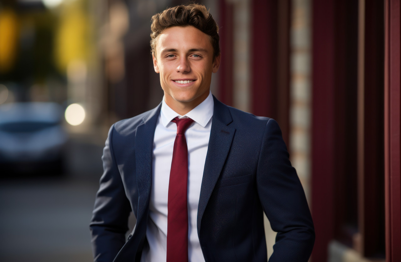 Happy young man in suit standing in front of building, hiring image for startups