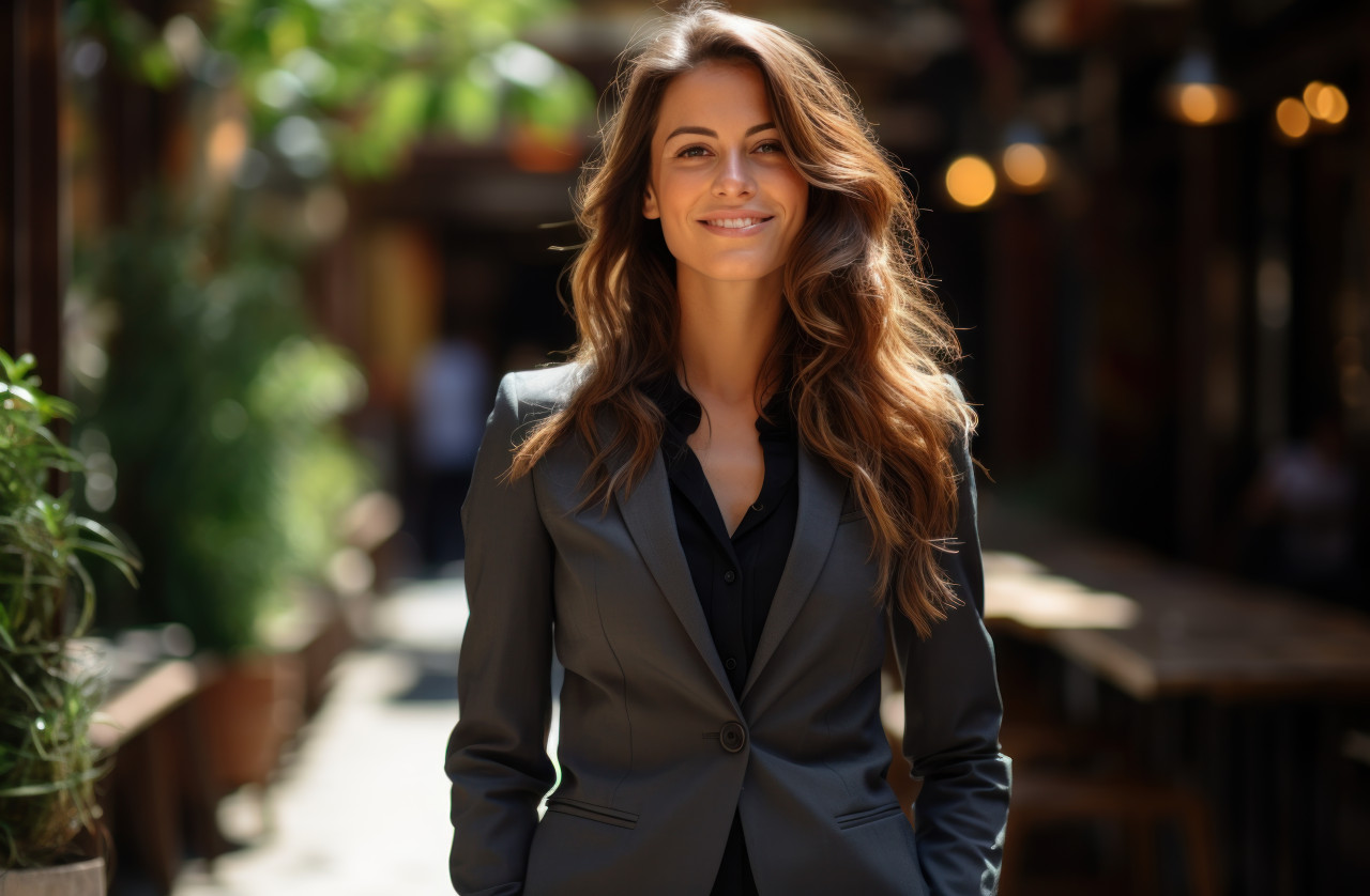 Confident businesswoman in a suit poses outdoors for a professional photo, hiring image for job postings