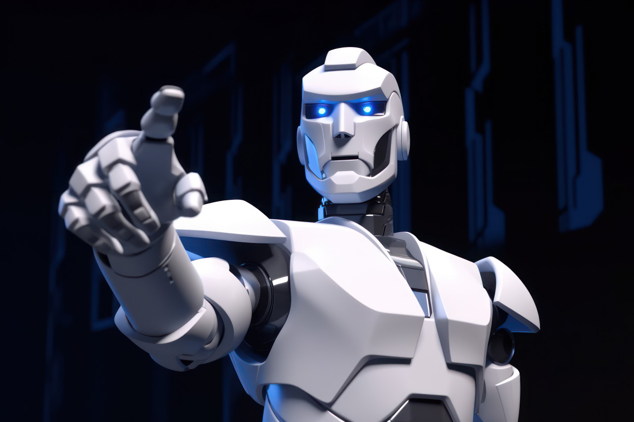 White robot points and says hey expressing curiosity or attention to something