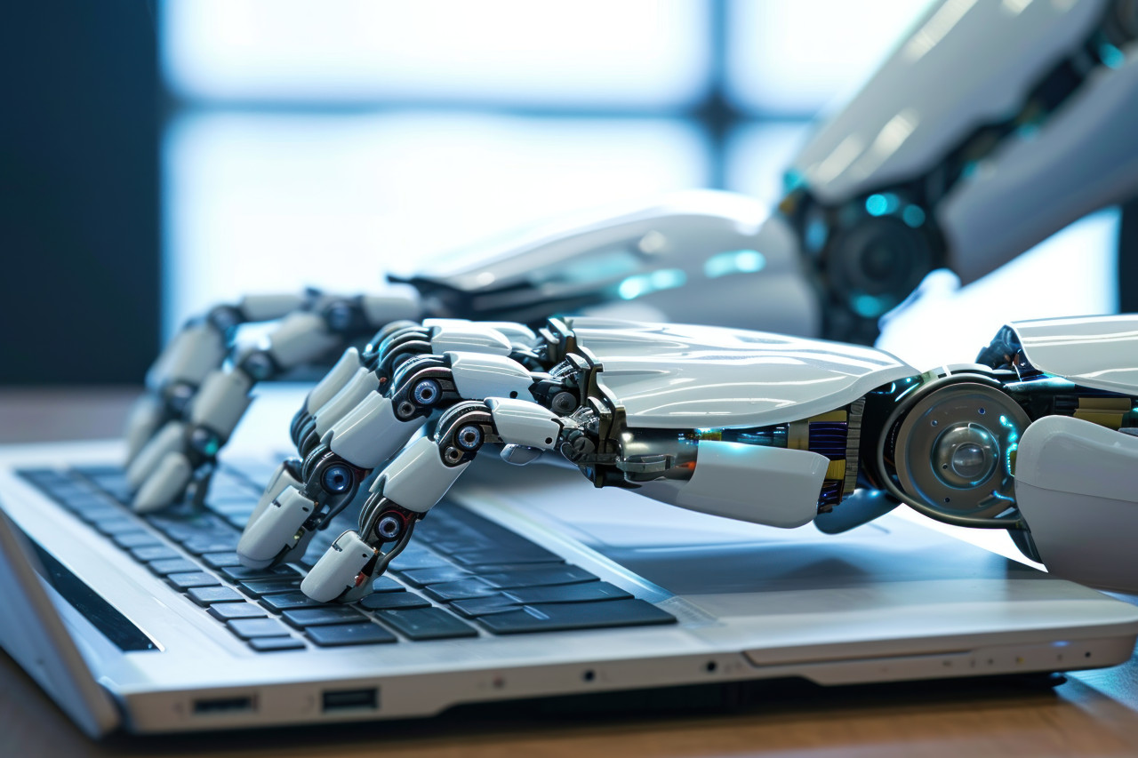 Robot typing on laptop with human finger pointing