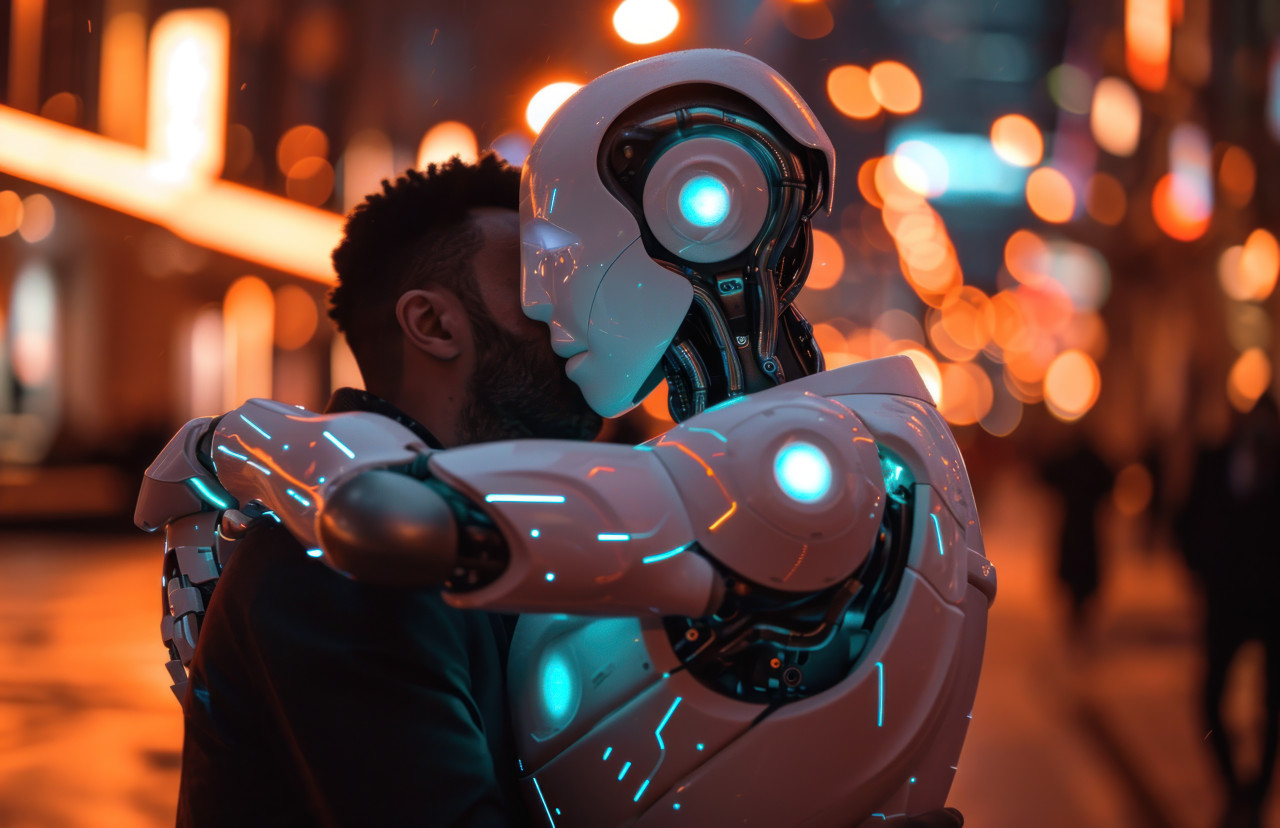 Businessman embraces and converses with a robot