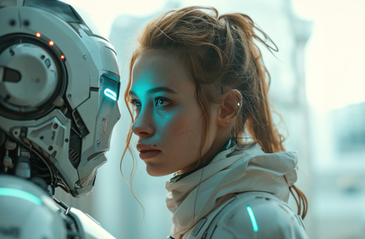A professional woman engages in a conversation with a robotic employee