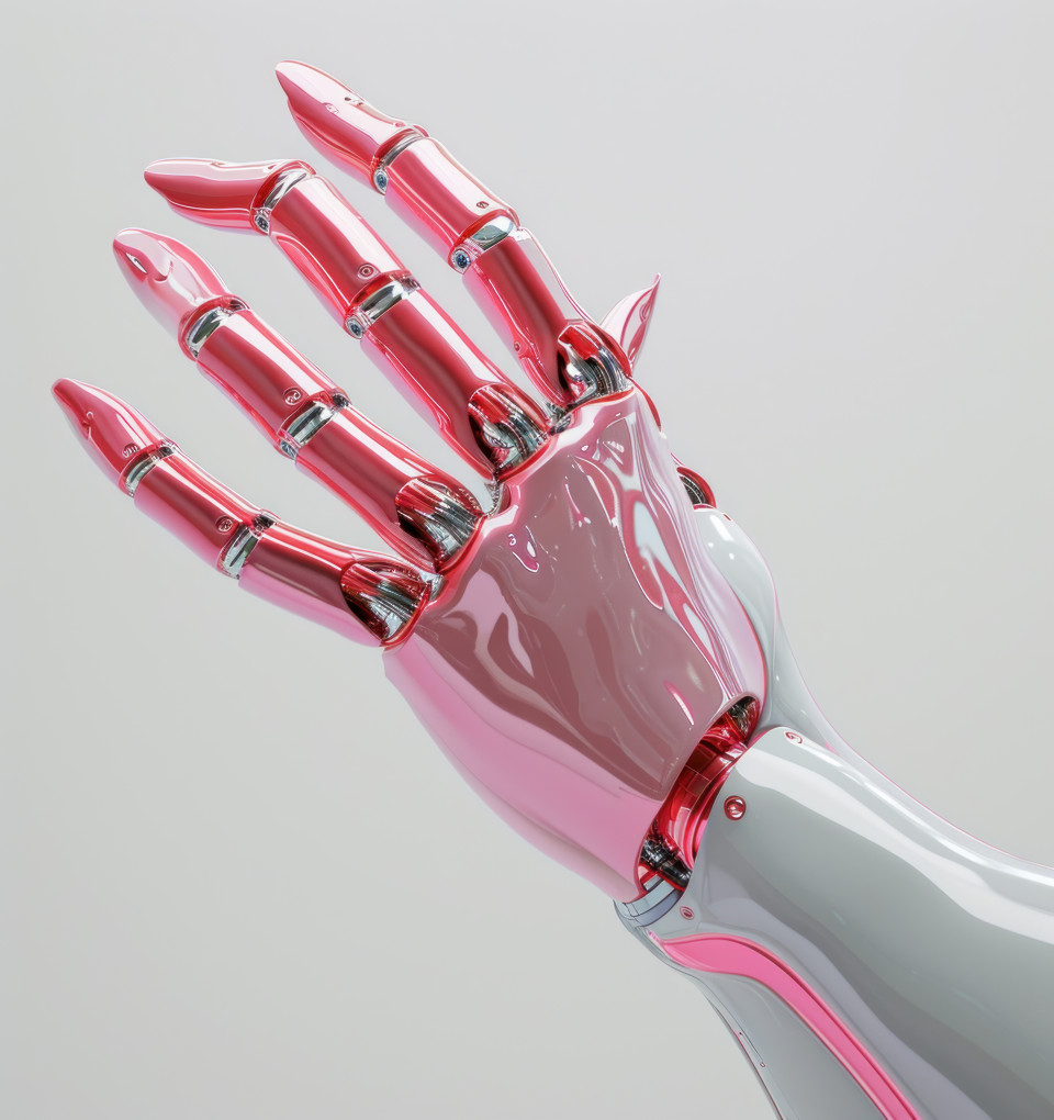 Robotic hand on white surface
