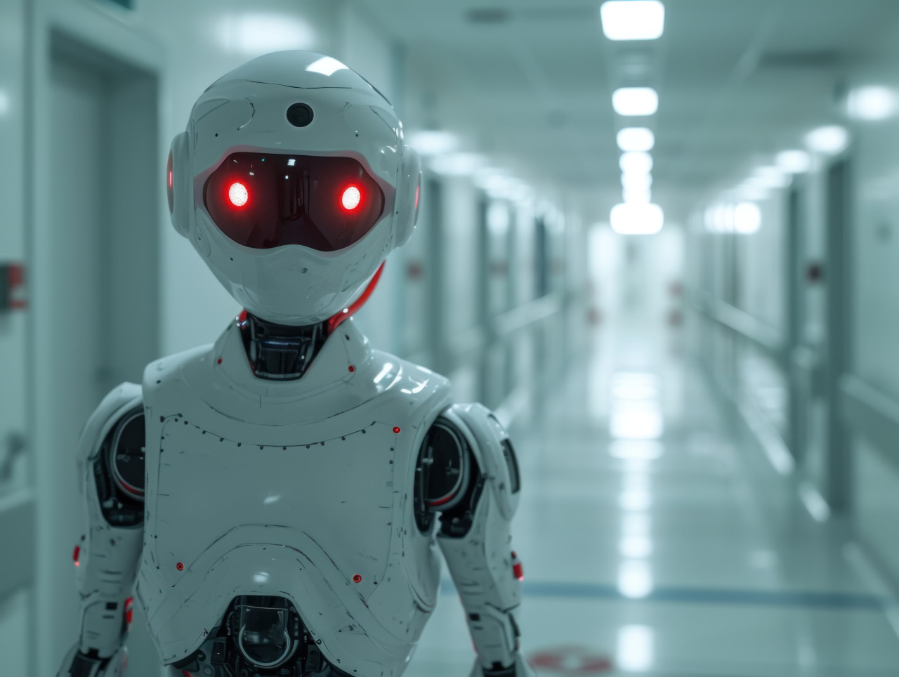 A humanoid robot stands inside hospital corridor