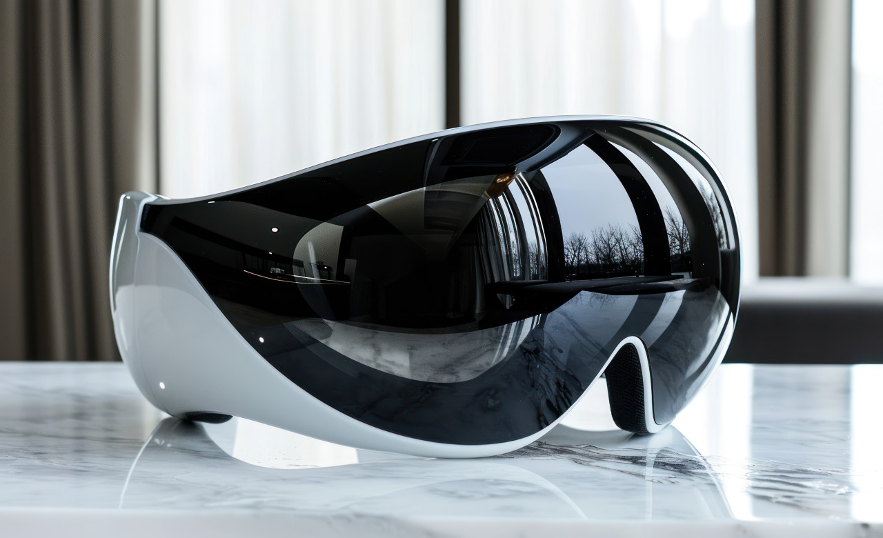 Holo visor in contrasting black and white on a plain white surface