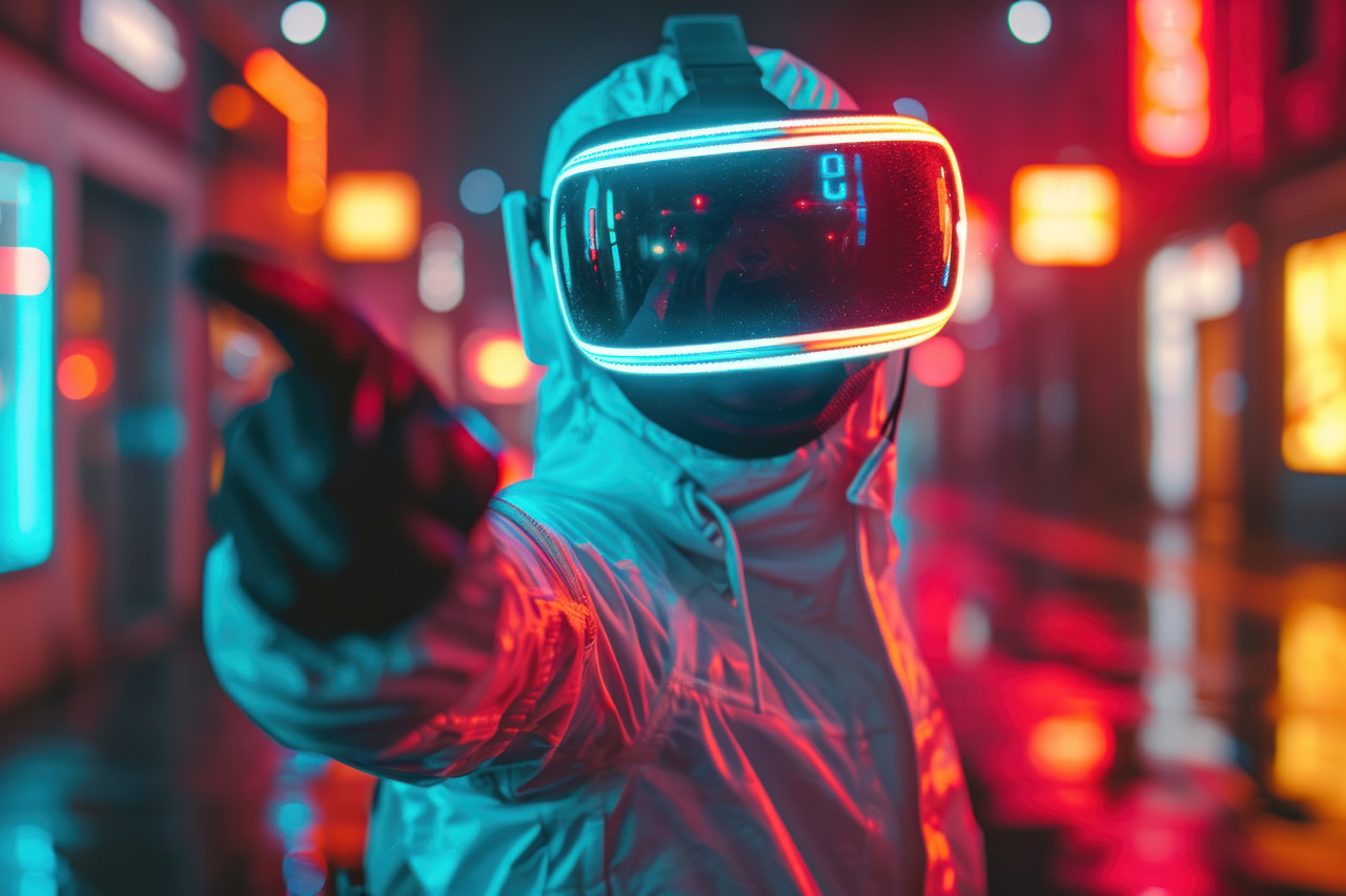 Holding a virtual reality helmet a man points towards the camera