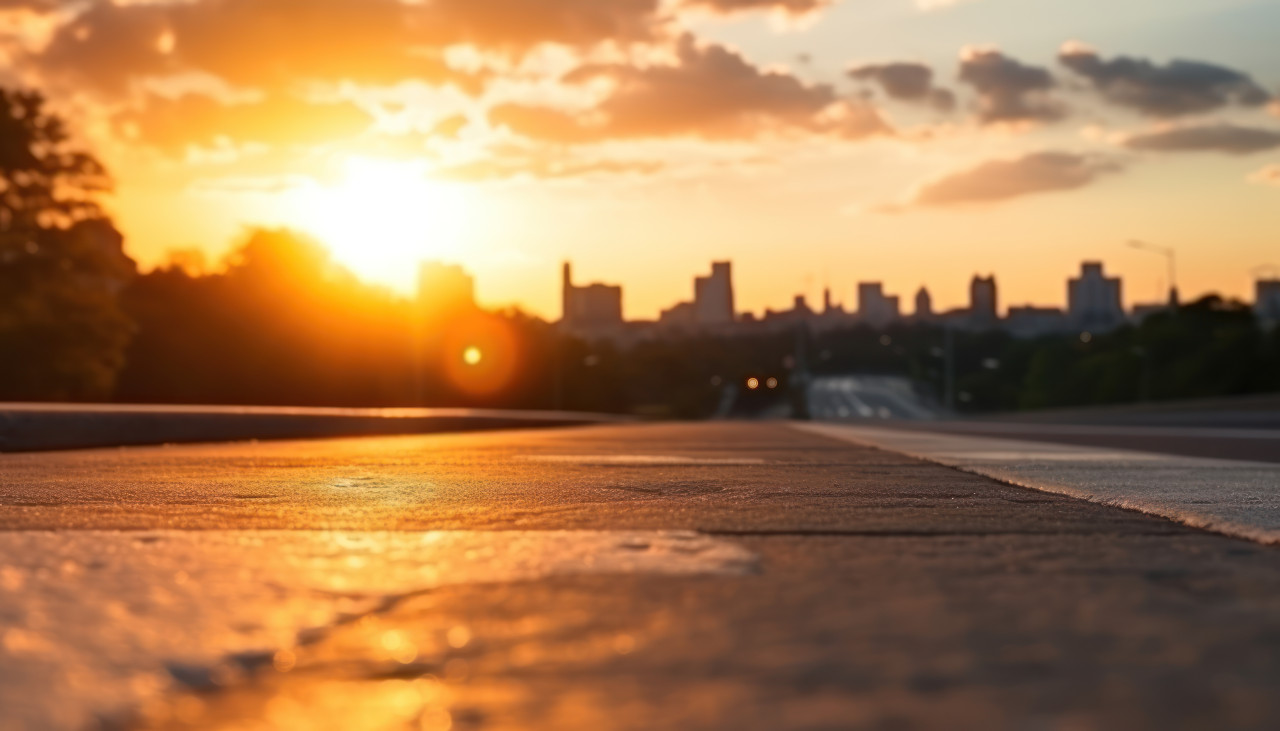 A stunning sunset paints the sky over a concrete street and asphalt road, urban transportation image