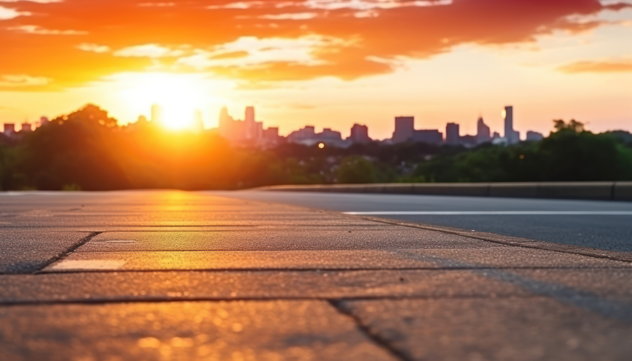 Concrete street and asphalt road under the setting sun, commuter lifestyle photo