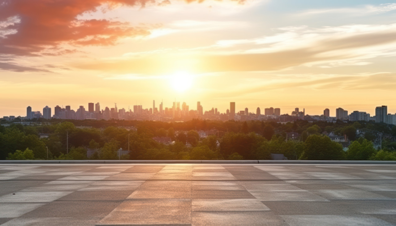 Sun setting over concrete street with asphalt road creating a warm and beautiful urban scene, city commute photo