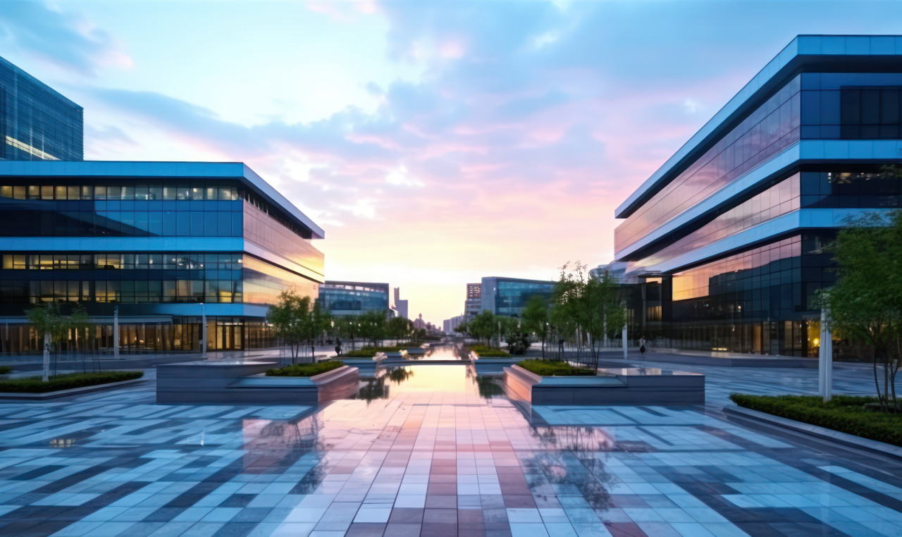 Sunrise transforms the front courtyard of a business city building, city commute photo