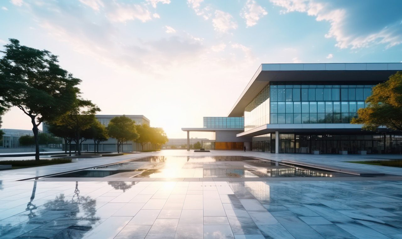 Business city building front courtyard illuminated by the sunrise, urban transportation image