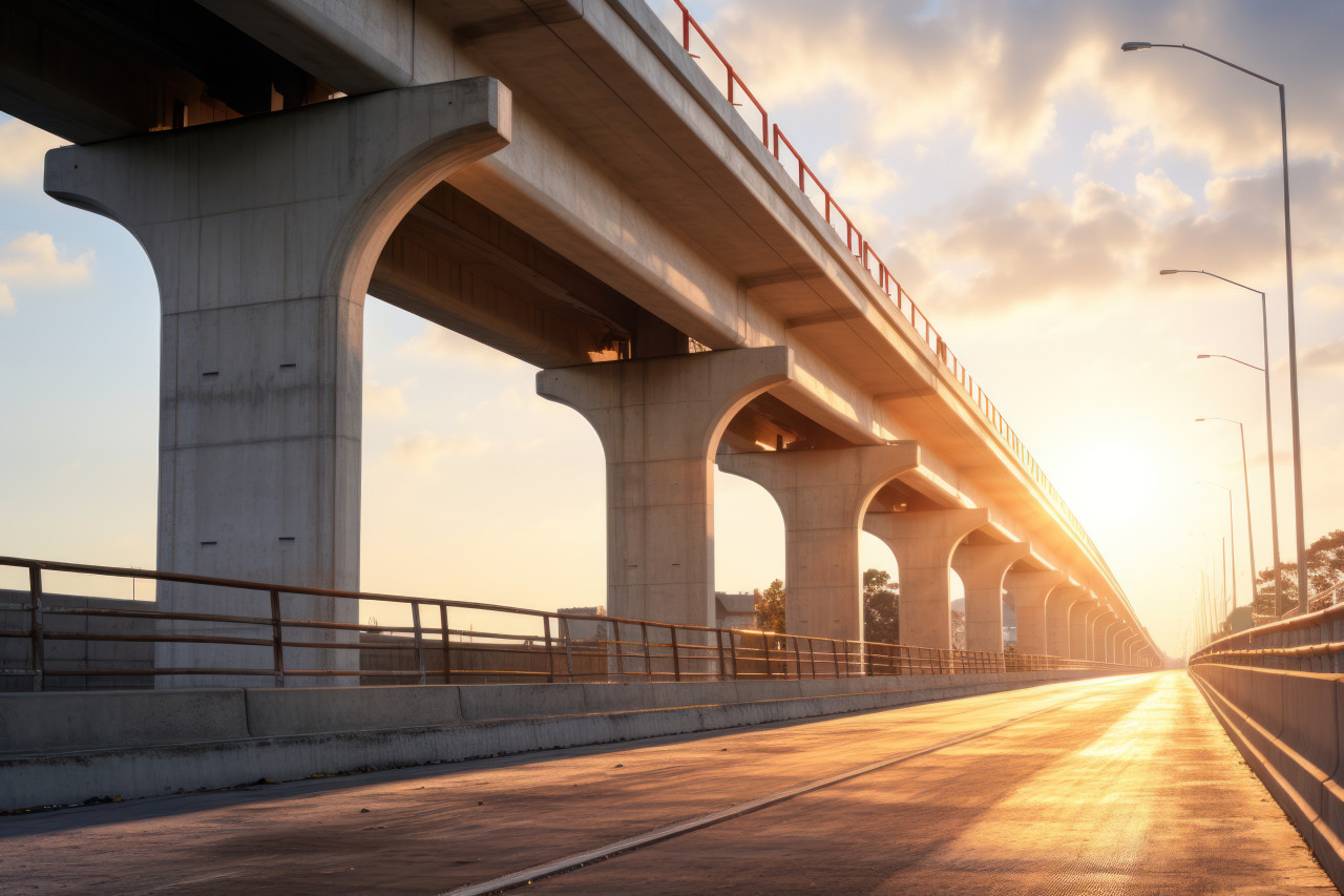 A bridge bathed in sunlight with rays of light casting a magical glow across its structure, city commute photo