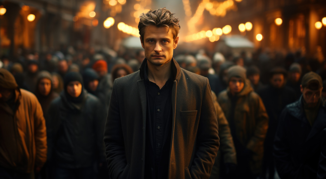 Confident man addresses a crowd with assurance, commuter lifestyle photo