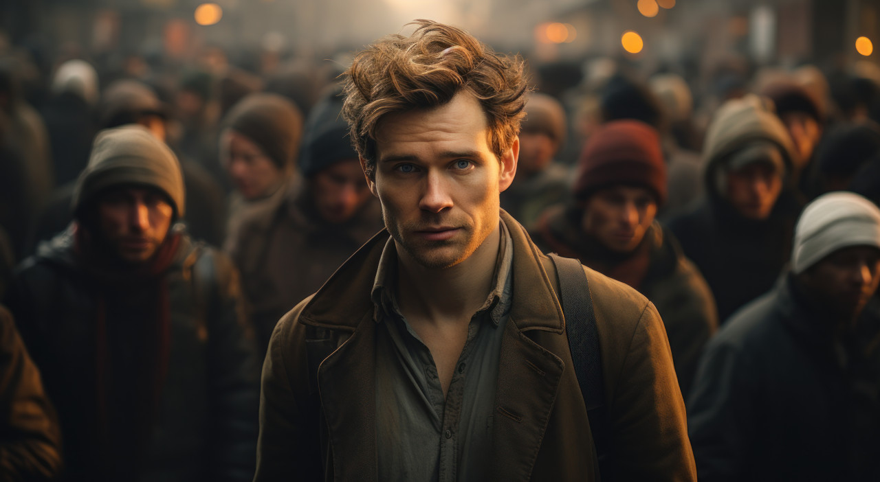 A man stands before a gathered crowd, public transport city picture