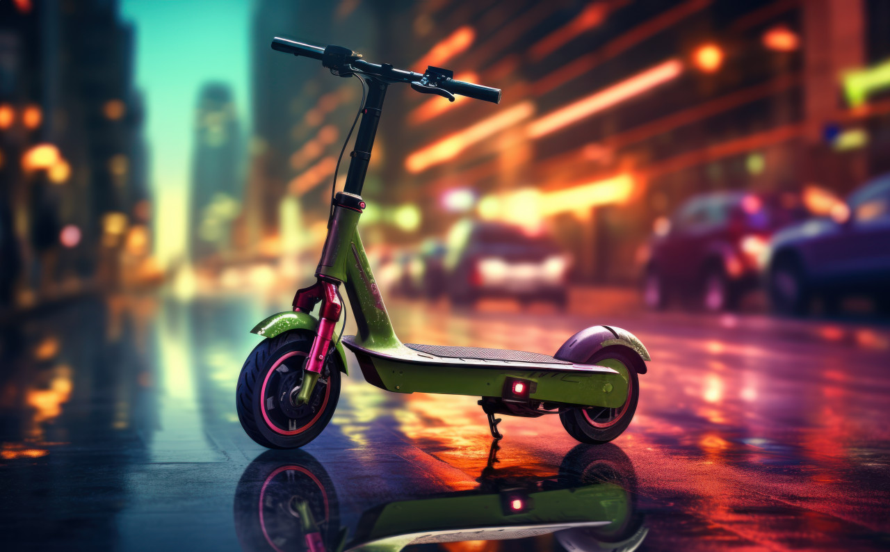City scene featuring an electric scooter, commuter lifestyle photo