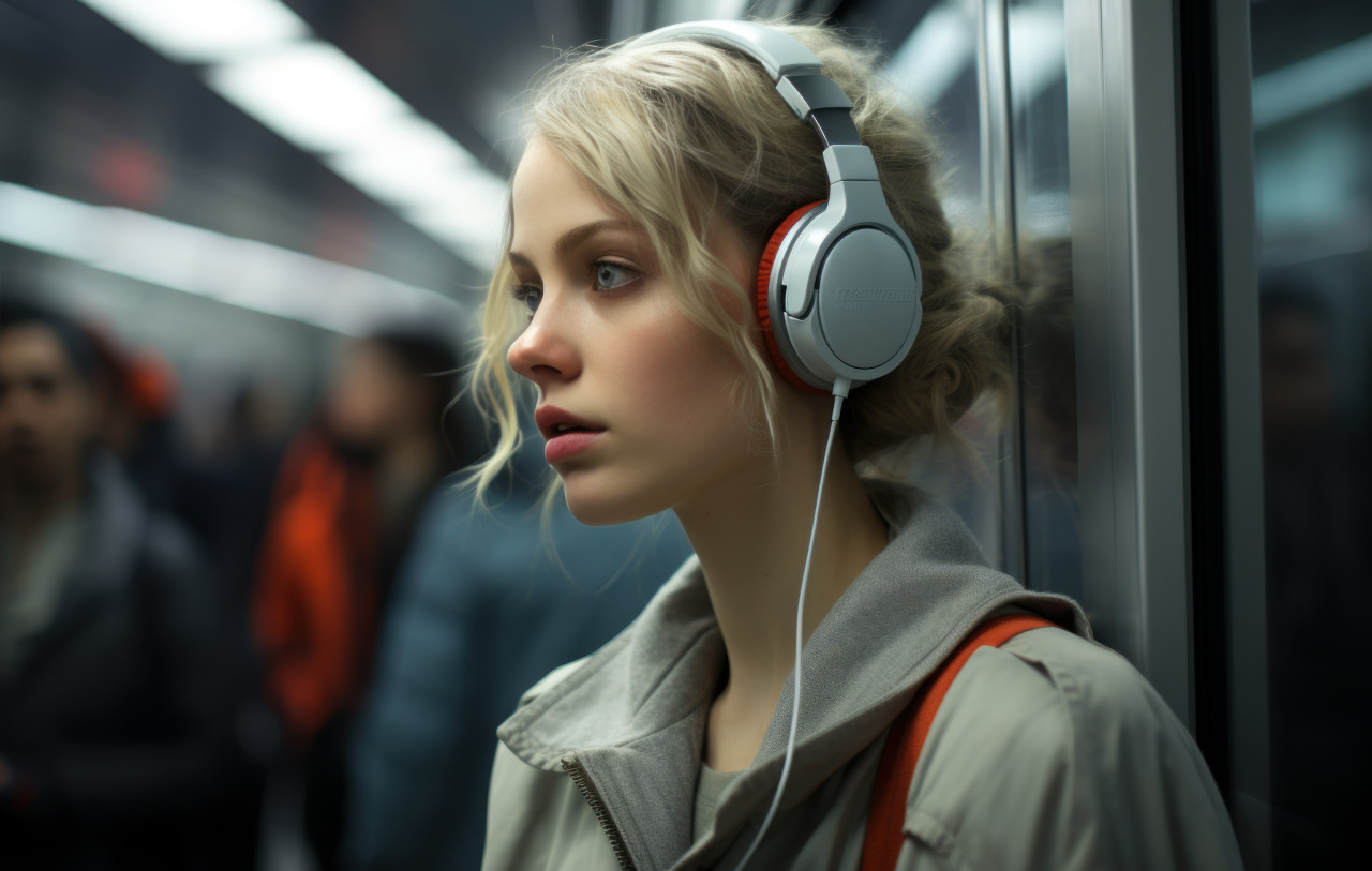 A  woman wearing headphones gazes at her reflection, commuter lifestyle photo