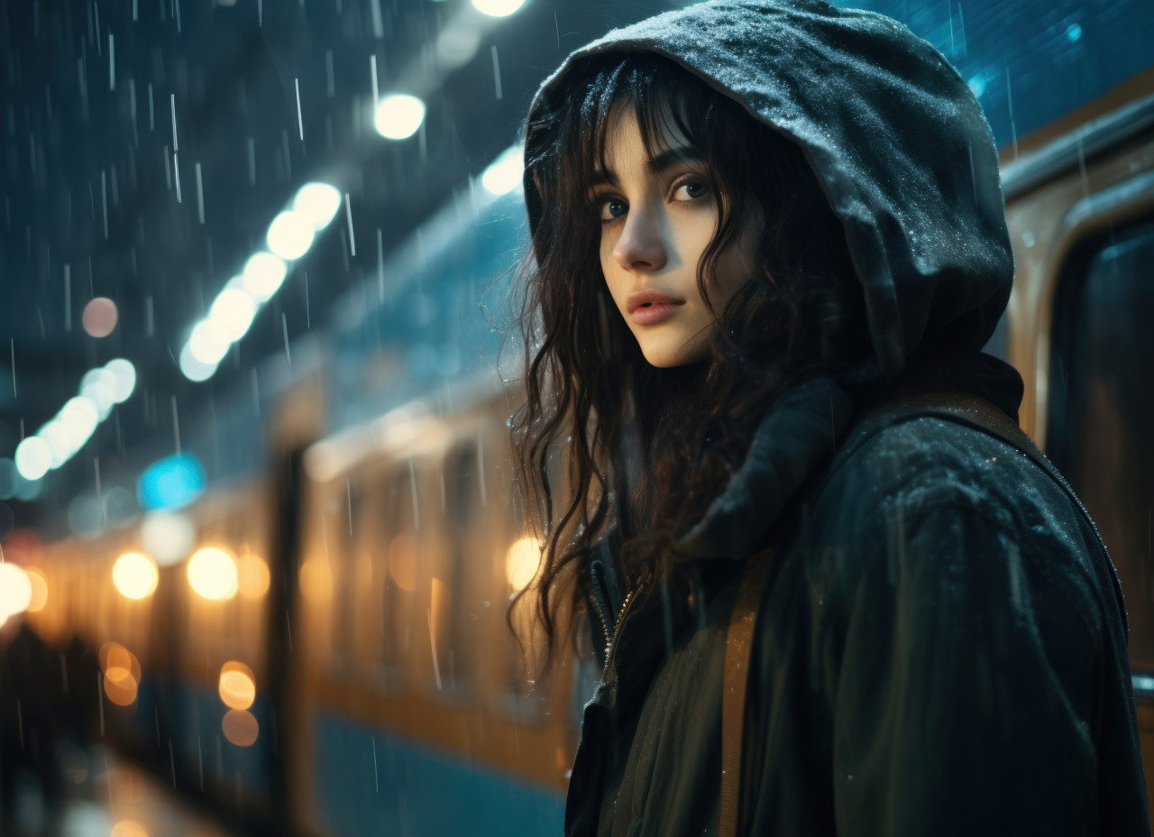 A girl in the rain beside a train, commuter lifestyle photo