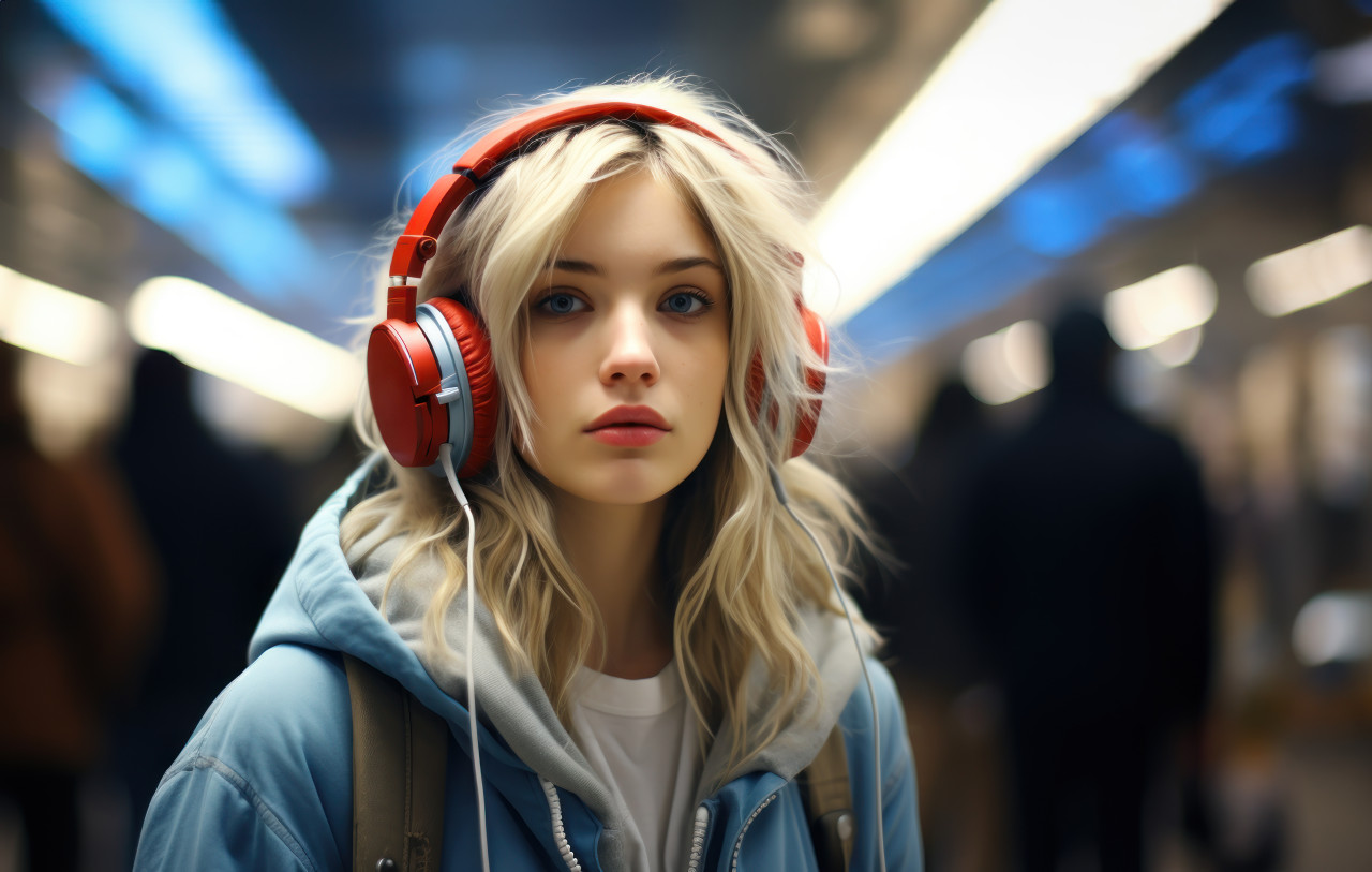 Young woman with headphones at underground station, city commute photo