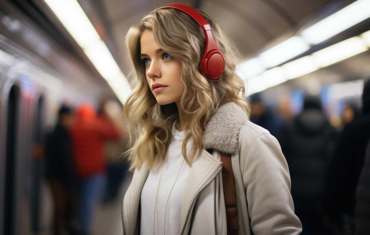 A lady stands in the subway with headphones, city commute photo