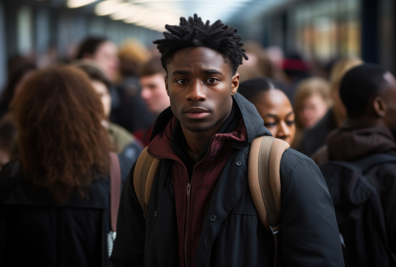 In a busy train station a black man gazes at a diverse crowd passing by, commuter lifestyle photo