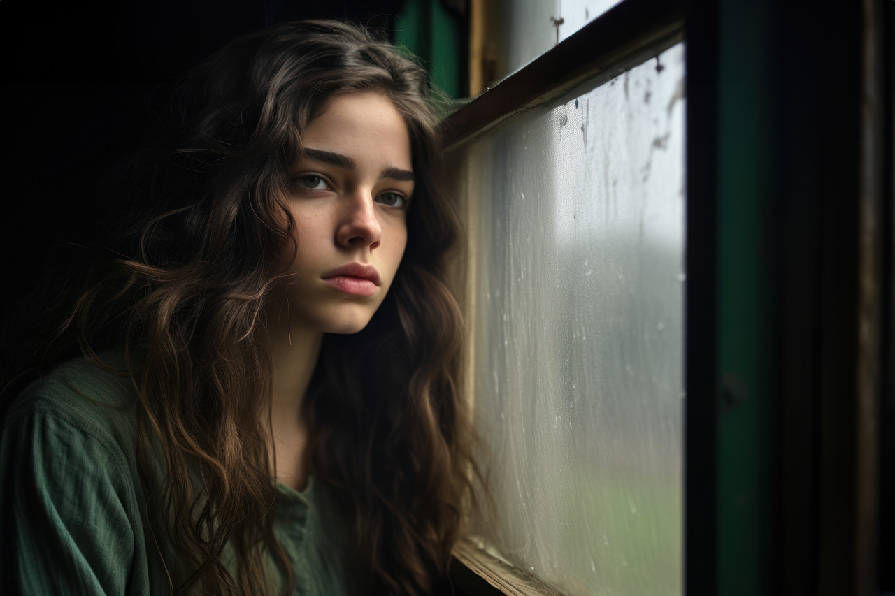 A young women enjoy the view outside a window, commuter lifestyle photo