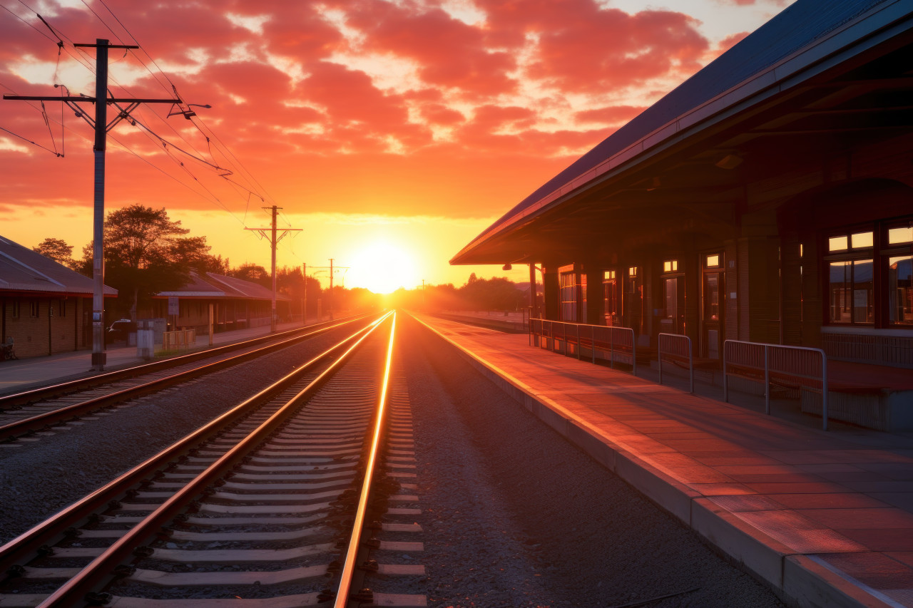 The sun sets gracefully over a bustling train station, urban transportation image
