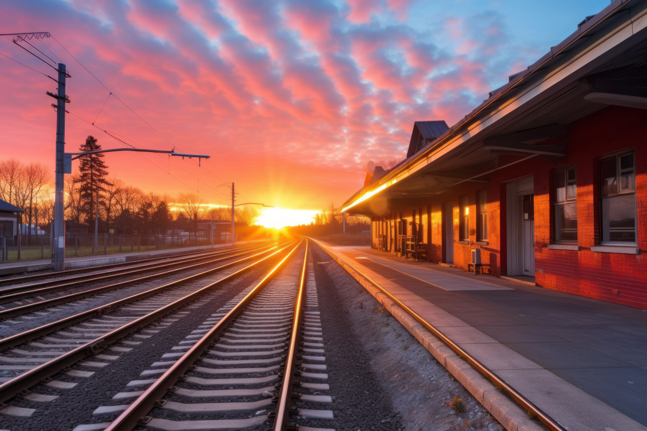 The sun sets over a train station, city commute photo