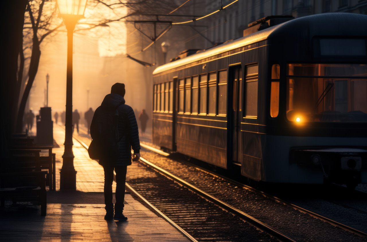 A pedestrian strolling on a city street with a train visible in the background, commuter lifestyle photo