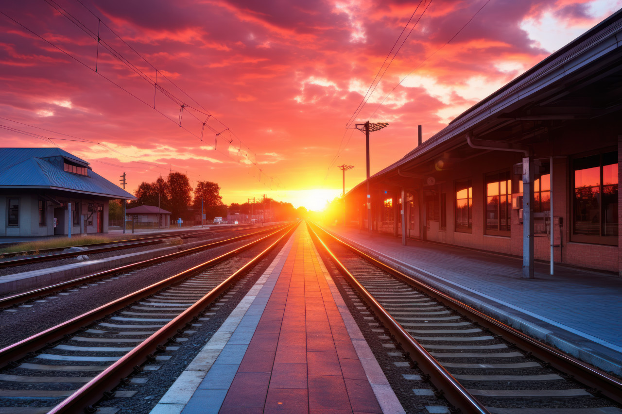 Sun setting above a train station casting warm hues on the platform and tracks, commuter lifestyle photo