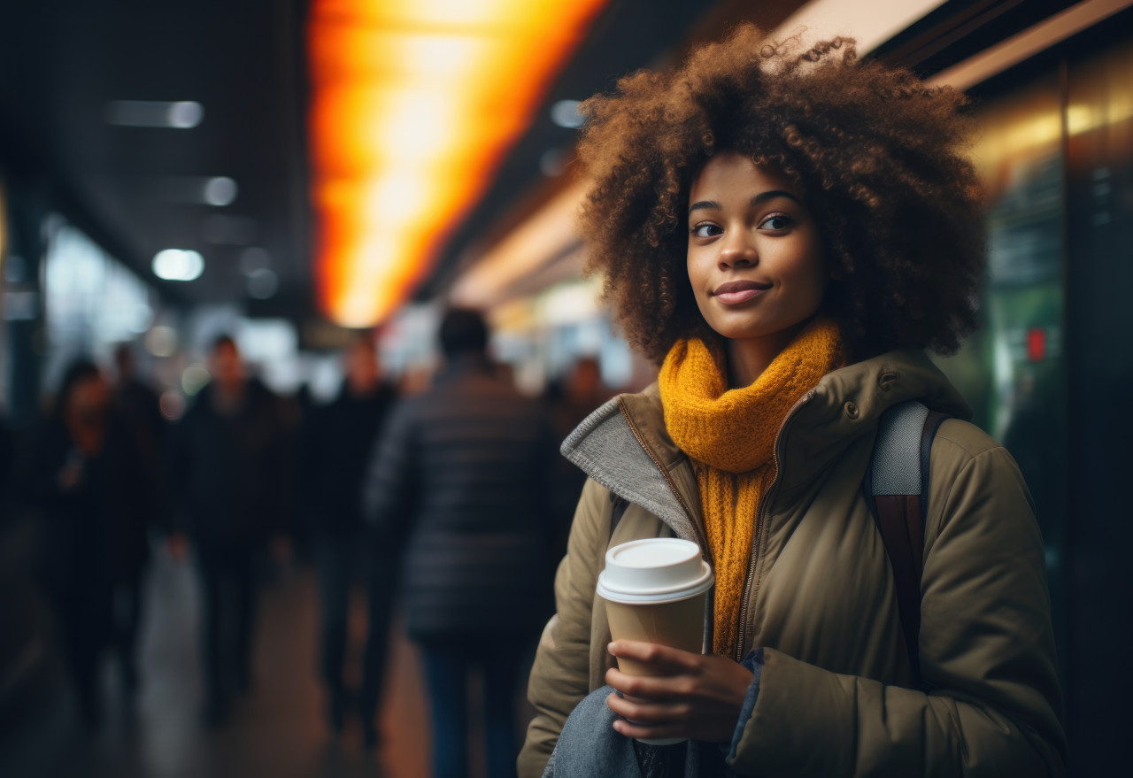 A lady in a subway station savoring a coffee moment while standing and holding a cup, commuter lifestyle photo