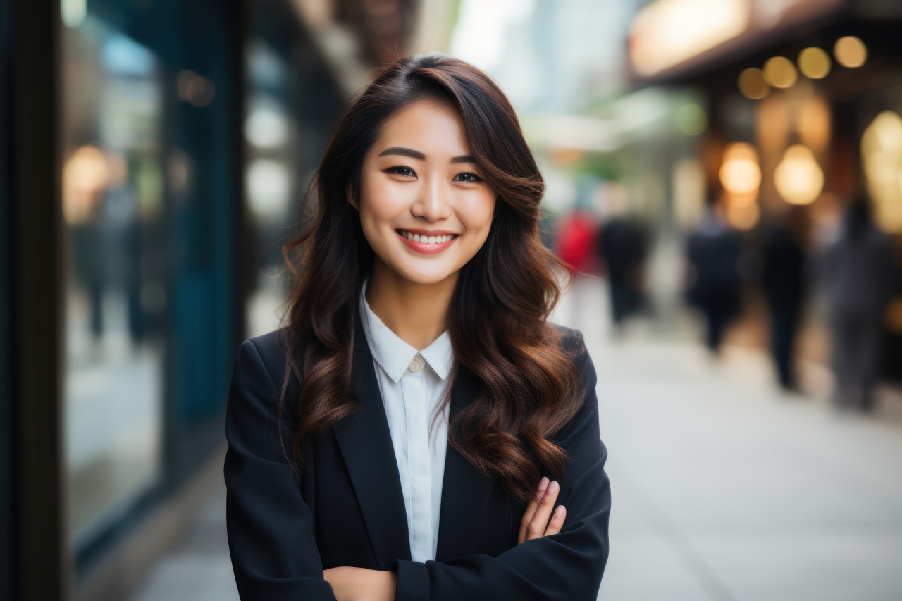 A portrait of a confident young asian businesswoman in an urban setting exemplifying professionalism and success, city commute photo