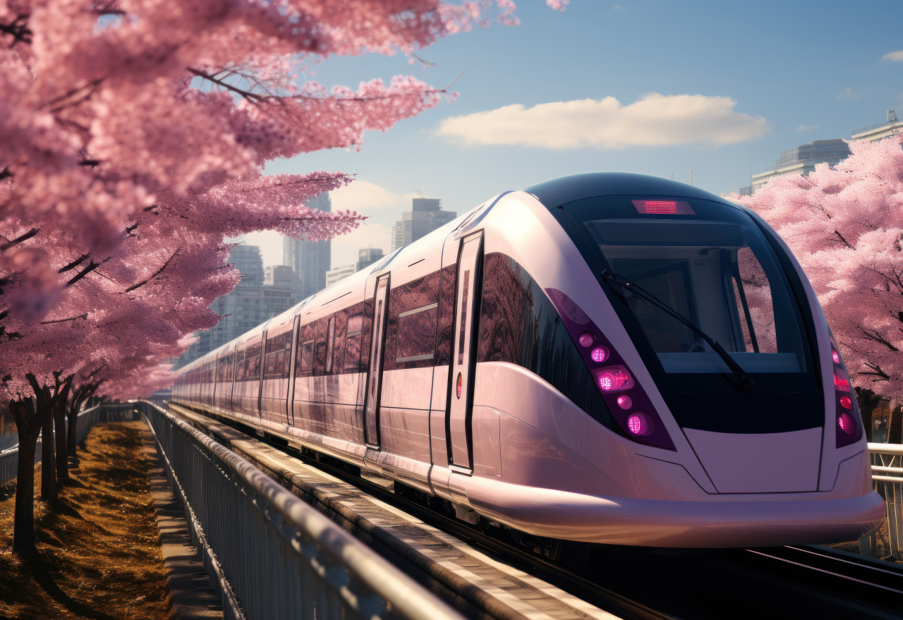 A park scene with a pink metro train in motion, commuter lifestyle photo