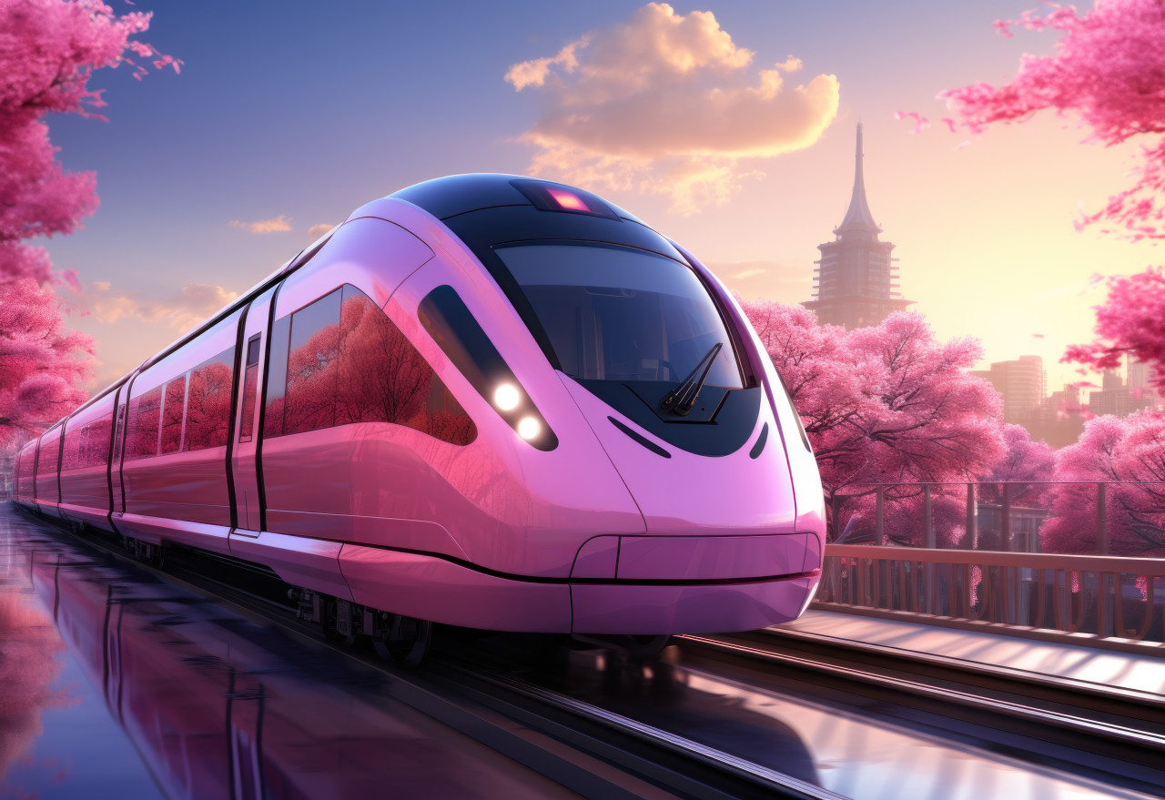 Pink metro train travels across park landscape, public transport city picture