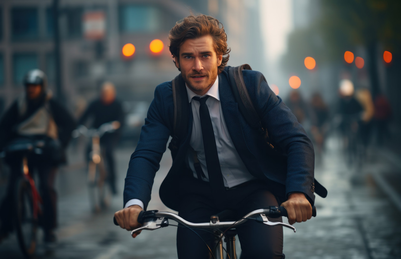 Energetic businessman commutes to work on a bike, commuter lifestyle photo