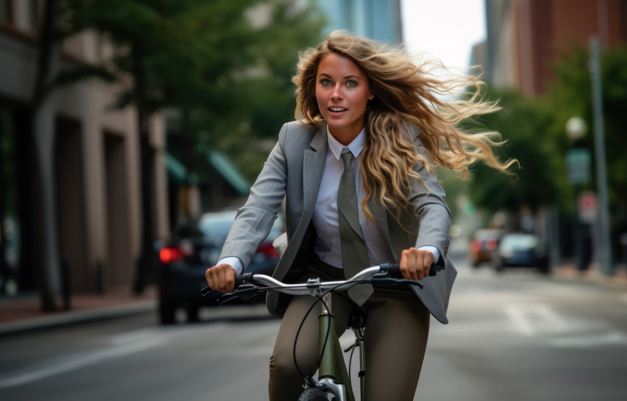 A smiling businesswoman bikes down the street blending work and leisure seamlessly, city commute photo