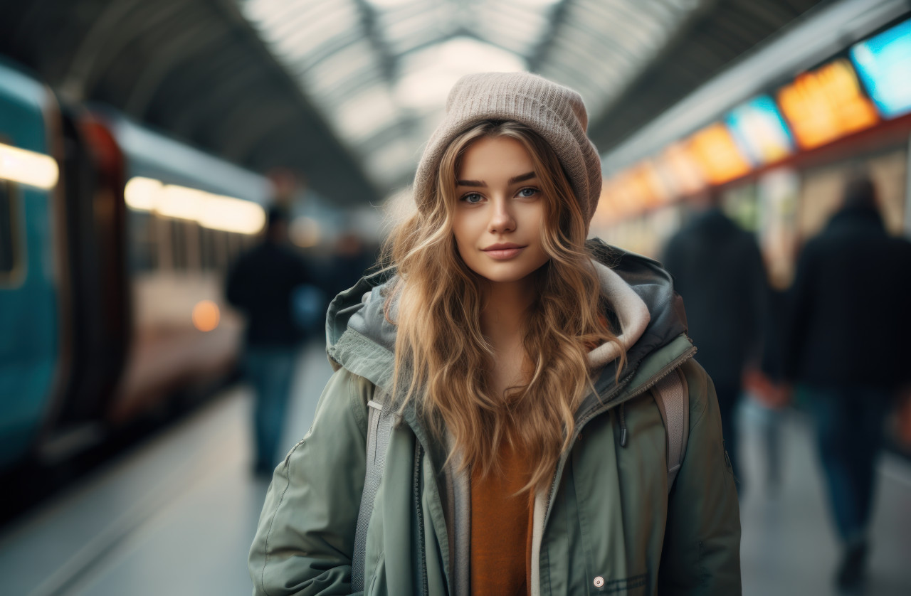 A girl waits on the train platform, commuter lifestyle photo
