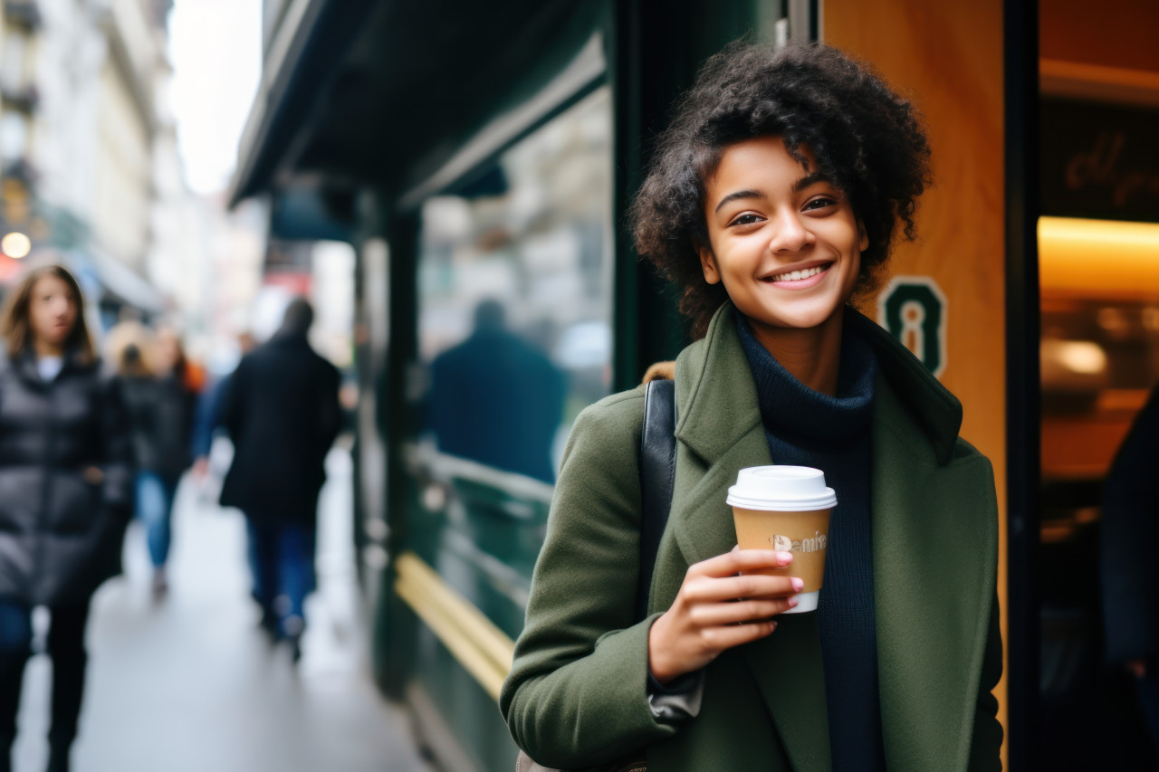A young woman savors her coffee against the backdrop of a metro train, commuter lifestyle photo