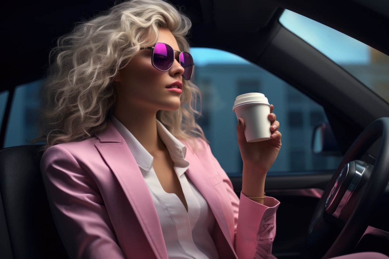 Woman enjoying coffee while driving multitasking on the road with a cup in hand, city commute photo