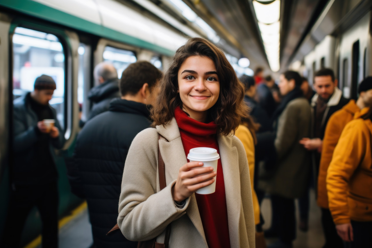 Young woman holding coffee in front of a train, urban transportation image