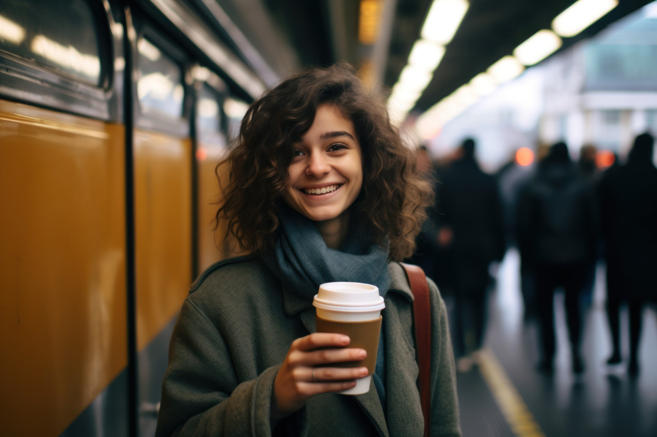 Woman with coffee standing by a train, city commute photo