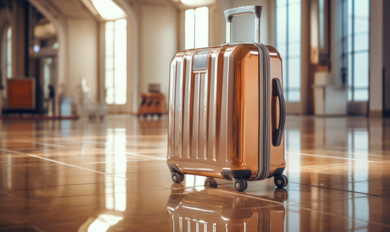 A lone suitcase rests on the airport floor, commuter lifestyle photo