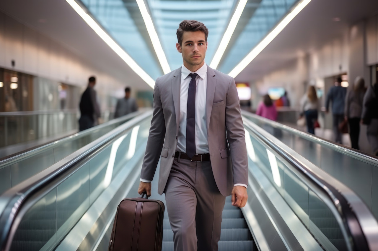 A man in business attire with a suitcase, commuter lifestyle photo