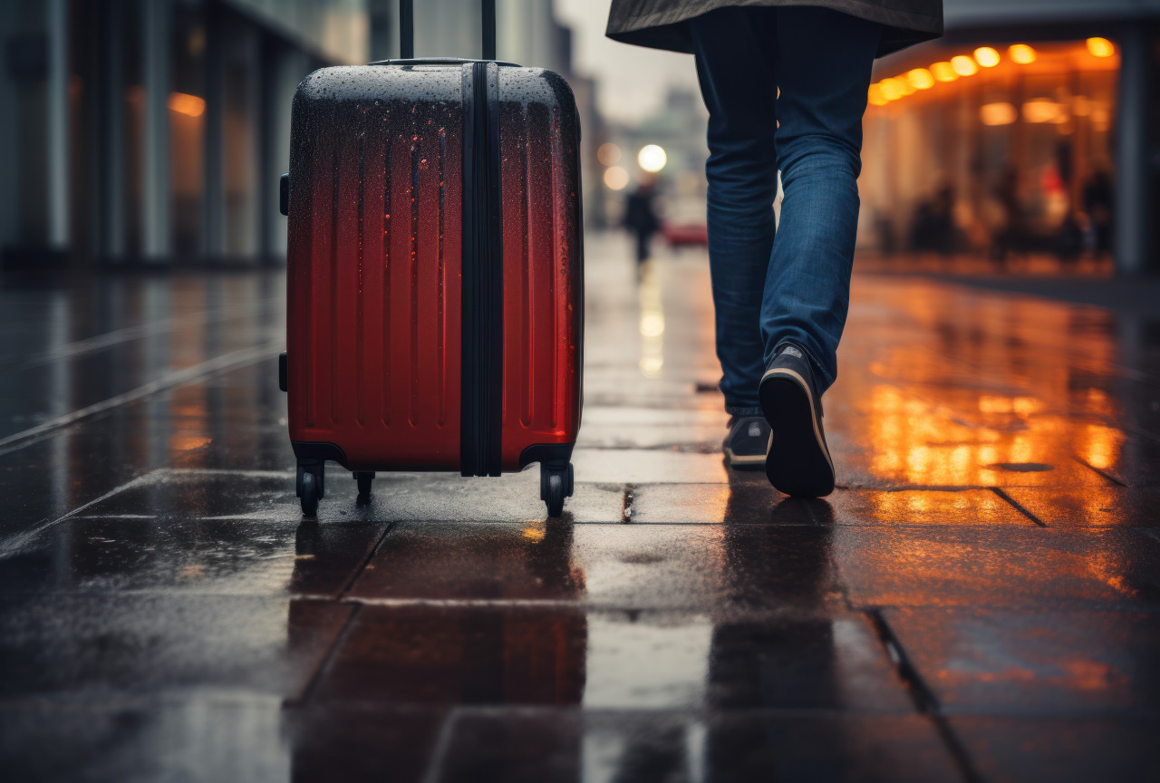 Someone drags a suitcase down the sidewalk, city commute photo
