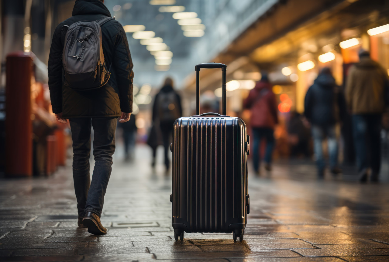 A traveler luggage being by a black suitcase in a straightforward travel setting, commuter lifestyle photo