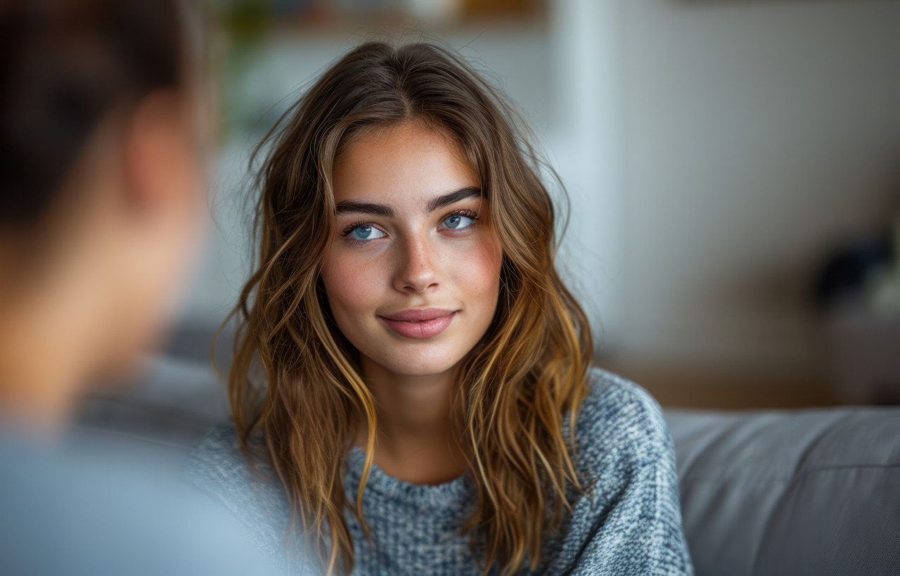 A woman on a couch having a conversation with someone engaged in discussion, mental health acceptance photo