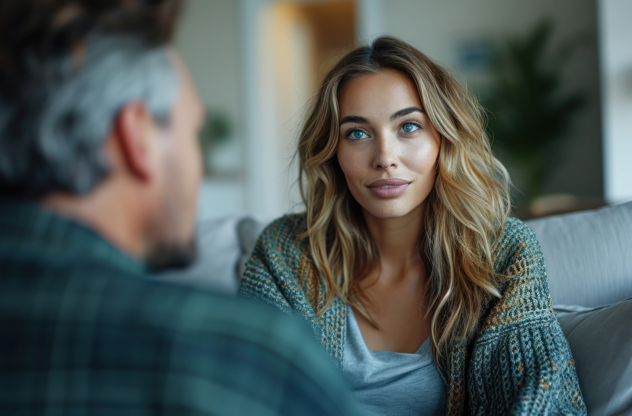 Woman on couch talks with man  conversation at home, mental health acceptance image