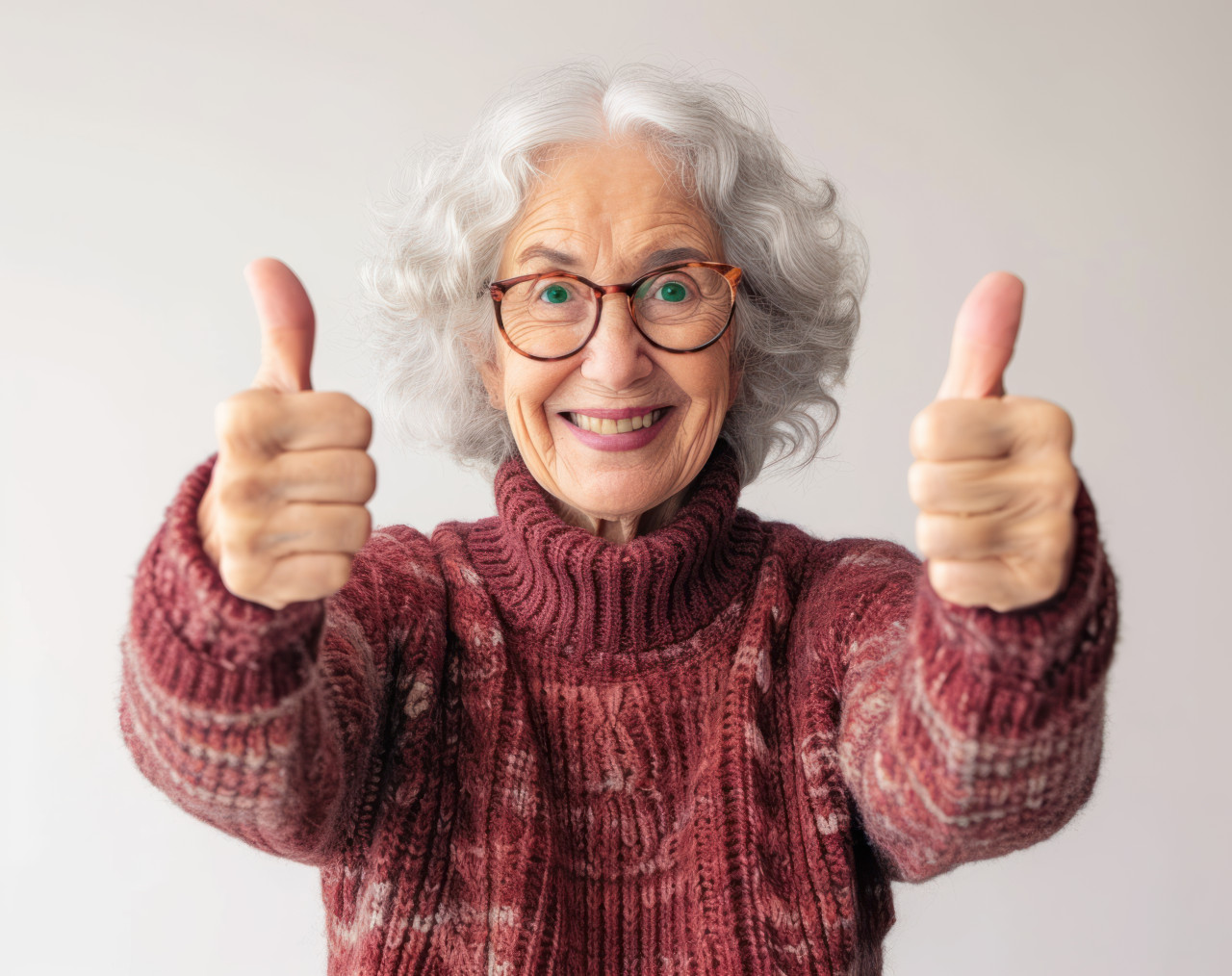 Senior woman smiling and showing thumbs up on a white background, age acceptance concept