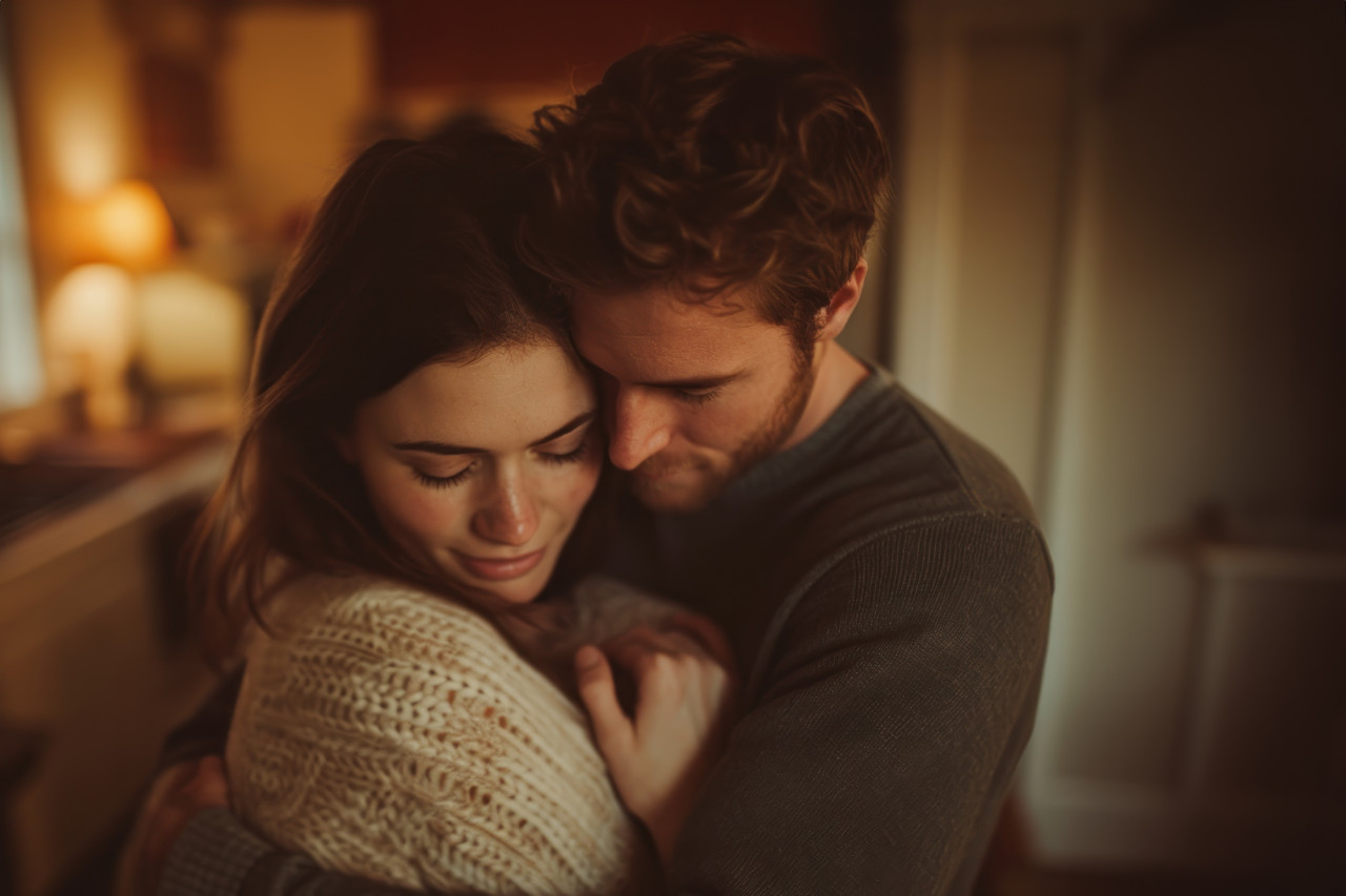 A man lovingly embraces a woman in her home, reconciliation acceptance concept
