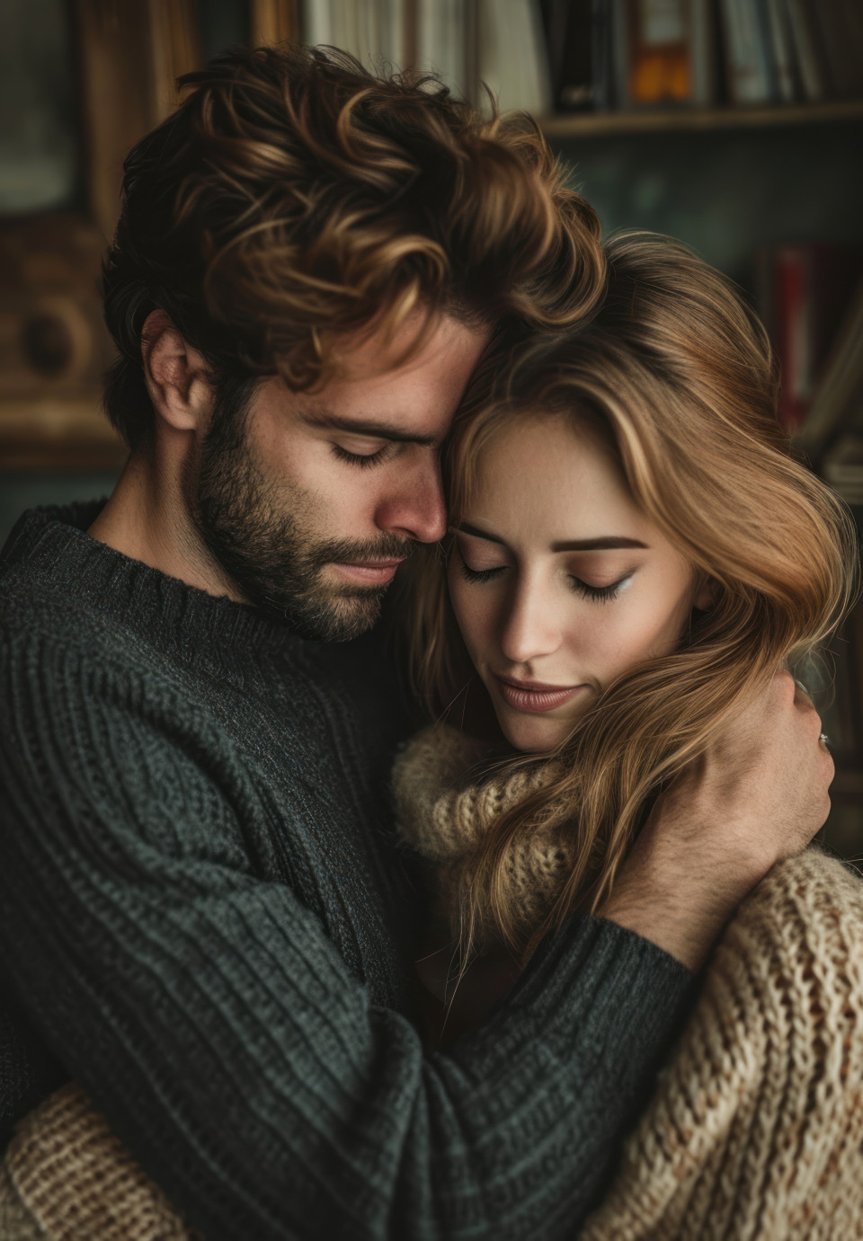Man and woman embracing in room, reconciliation acceptance image