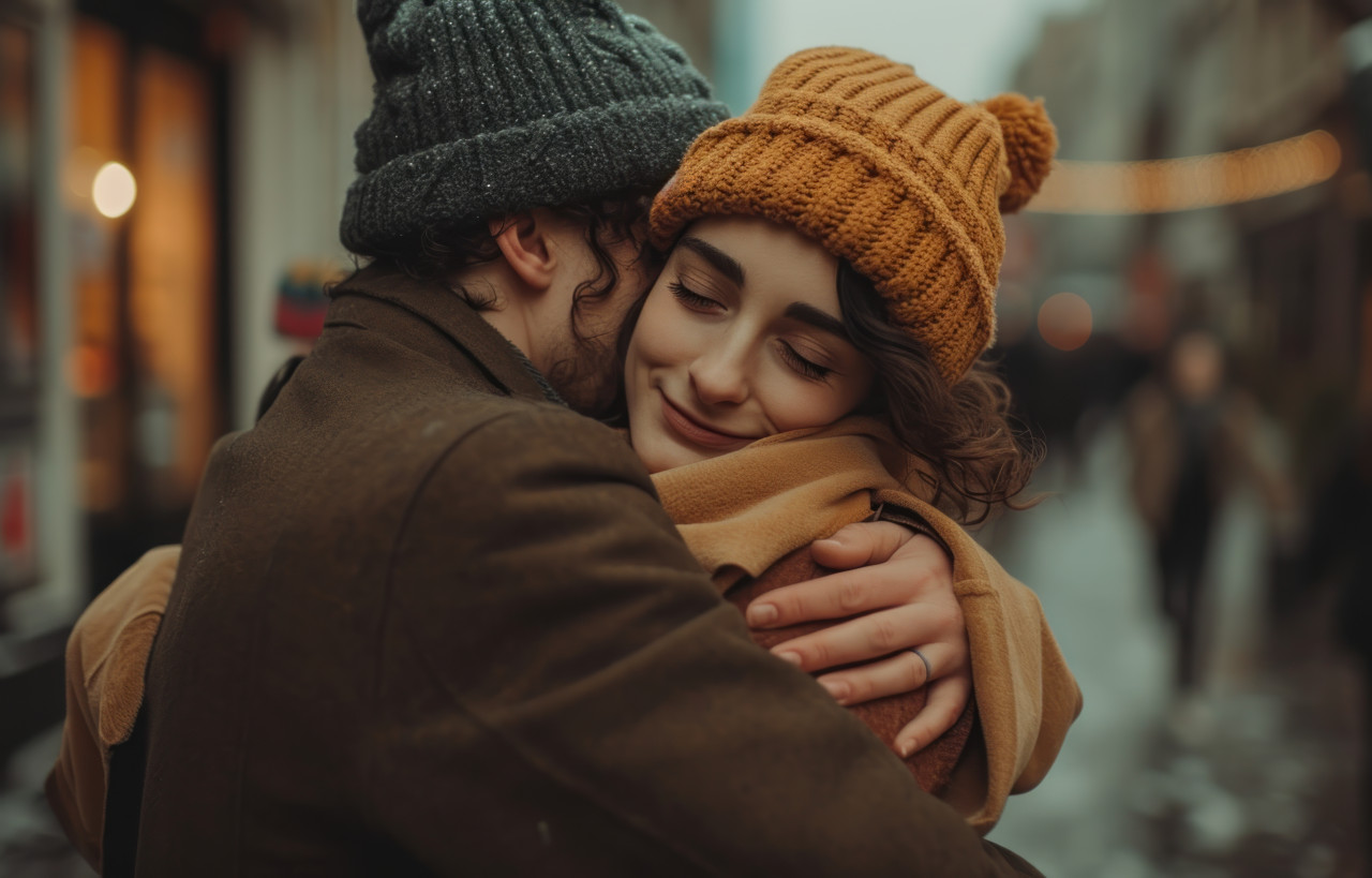 Embracing couple on a city street, reconciliation acceptance concept